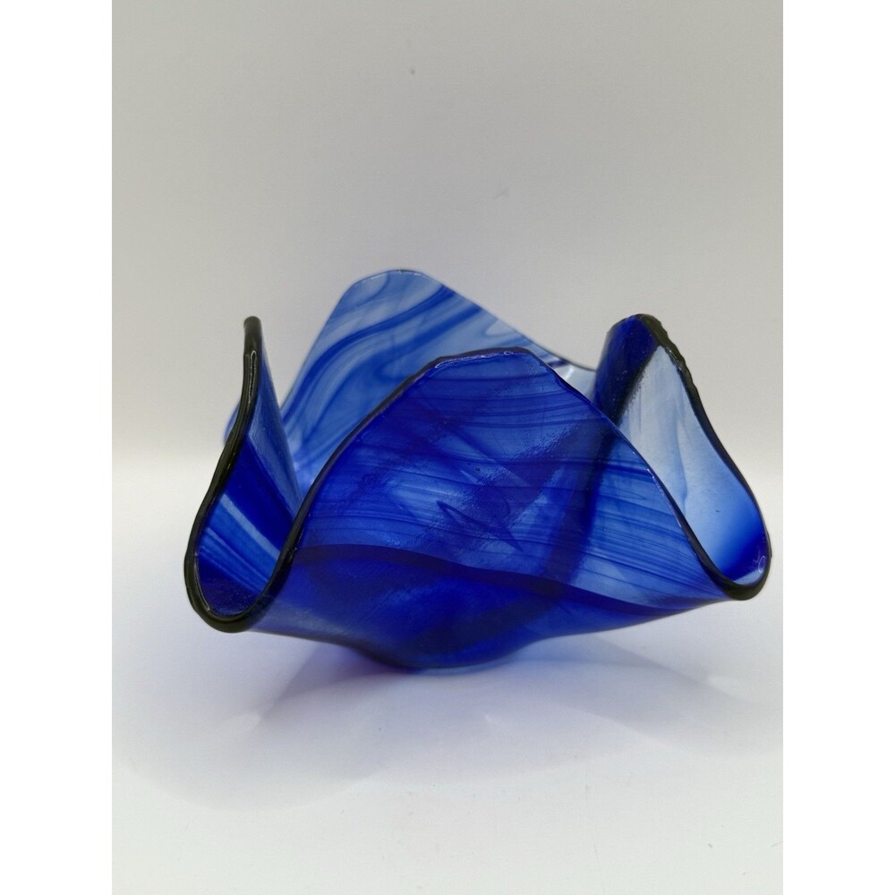 Art Glass Hand Blown Ocean Blues White Glass Handkerchief Vase Unmarked